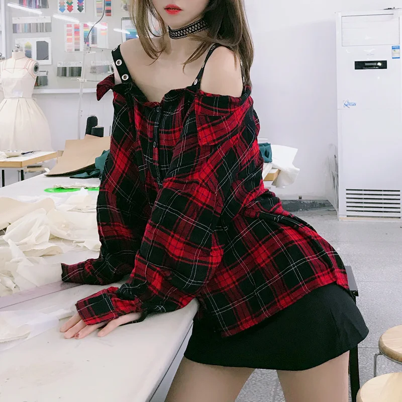  Black Red Plaid Shirt Women Casual Vintage Plaid Spaghetti Strap Sexy Loose Retro Punk Goth Blouses