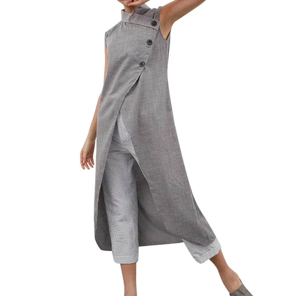 

SAGACE Solid Line Dresses Summer Women Sleeveless Casual Style Beach Sundress Sexy Turtle neck Button Dress Dropship51314