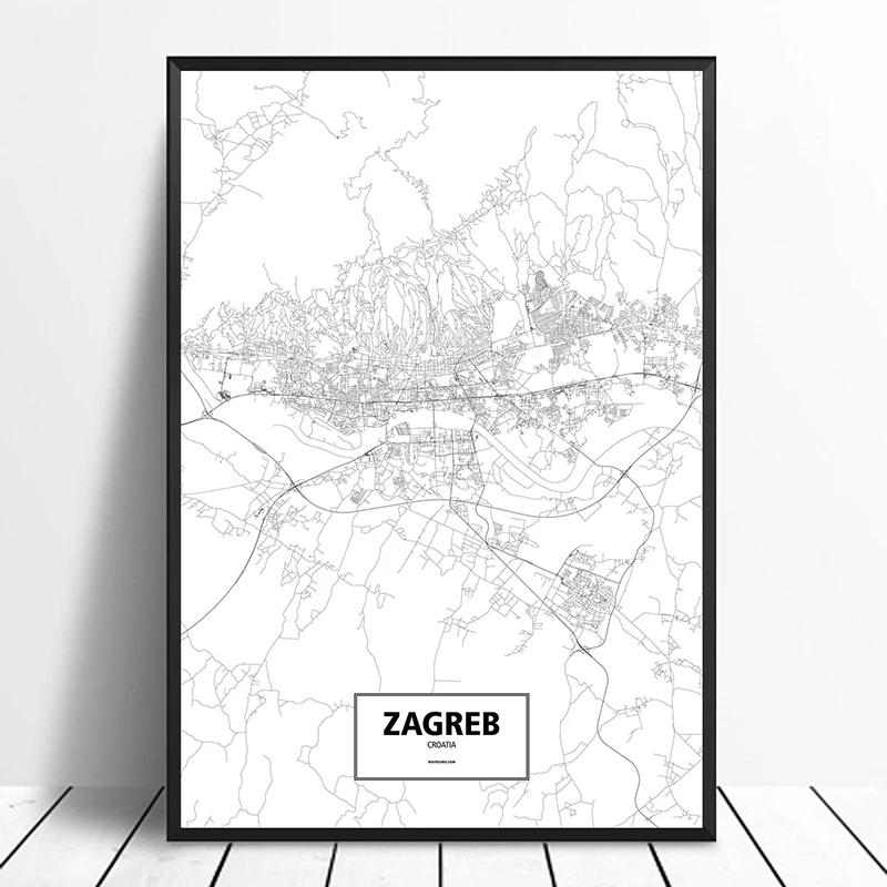 Zagreb Croatia Black White Custom World City Map Poster Canvas Print Nordic Style Wall Art Home Decor | Дом и сад