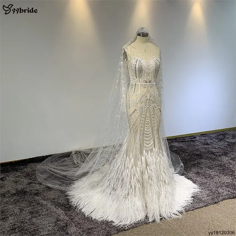 Преодолеть Индивидуальные Длинные рукава совок шеи свадебное платье Бисер Кристаллы с платье с перьями Royal Свадебные платья