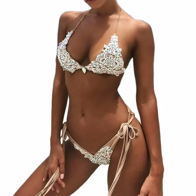 2018 Sexy Crochet Jewel string tie side halter Bikini two pieces