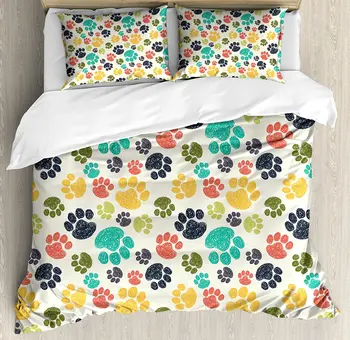 

Dog Lover Duvet Cover Set Cute Hand Drawn Paw Print Doodles Circular Pattern Children Drawing Style Animal Decor Bedding Set