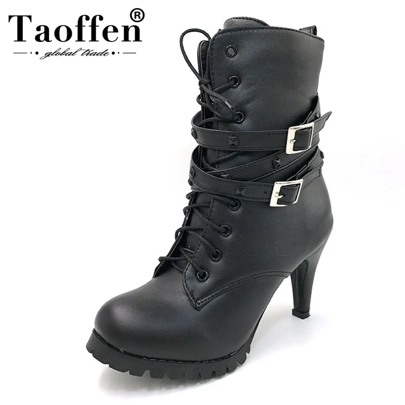 

TAOFFEN Size 34-43 Women High Heel Half Short Ankle Bootas Winter Martin Snow Botas Footwear Warm Motorcycle Boot Shoes P940