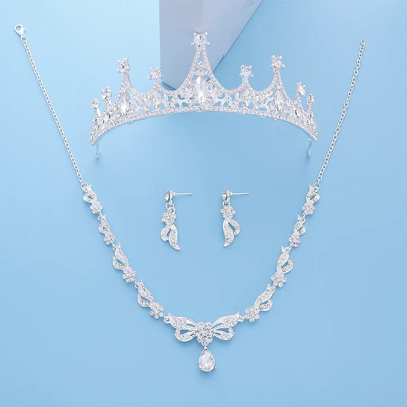Bride Diaries Wedding Accessories Simulated Pearl Tiara Crown Earrings Necklaces Set Silver Plated Bridal Jewelry Sets (1)