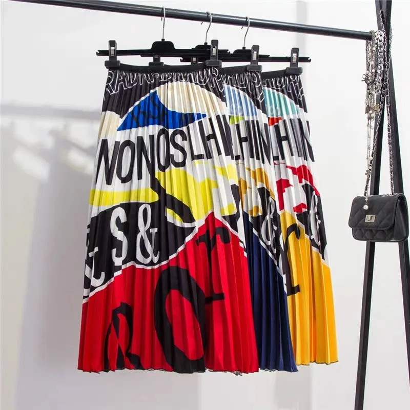 

High Street Europen Style Women Skirts 2019 New-Coming Summer Printing Cartoon Letter Pattern Party Holiday High Elastic