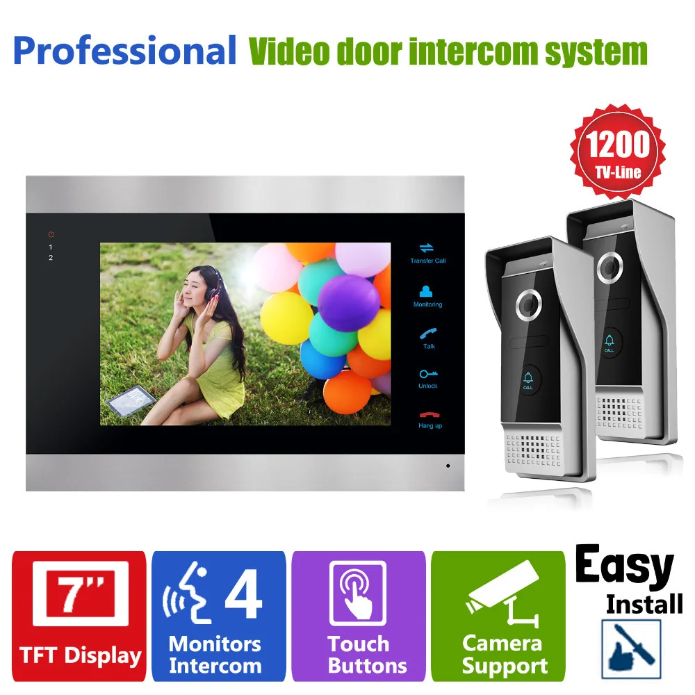 Homefong Video Door Intercom Doorbell System 7 inch 1 Door Monitor and 2 HD 1200TVL Camera Home House Security