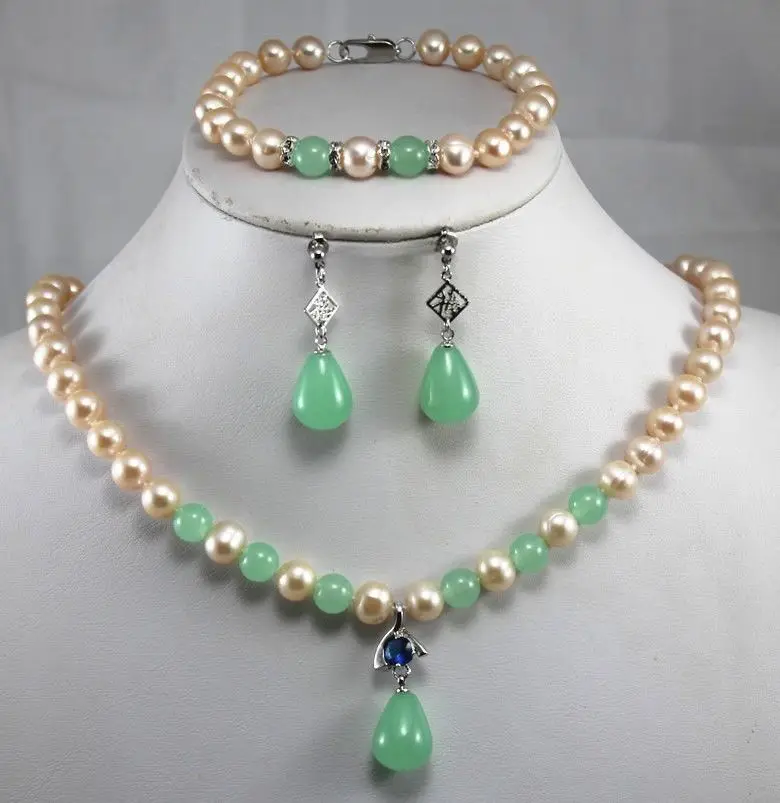 

*******New Design Yellow Pearl Red/Green Jade Pendant Necklace Bracelet Jewelry Set