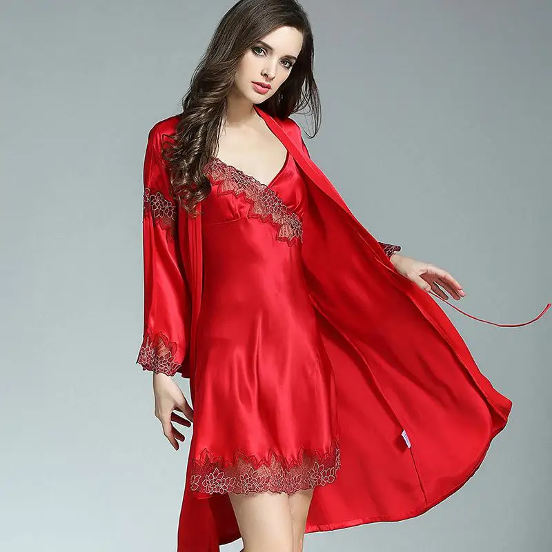 CEARPION Для женщин кружева банный комплект 2 шт. кимоно Банный халат для сна платье натурального шелка Пижама, пикантная сорочка домашняя одежда - Цвет: Red