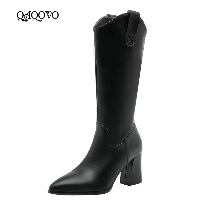 

2020 Fashion Knee High Boots Women Square High Heels Wester Cowboy Boots Pointed Toe Zipper Autumn Winter Boots Black White