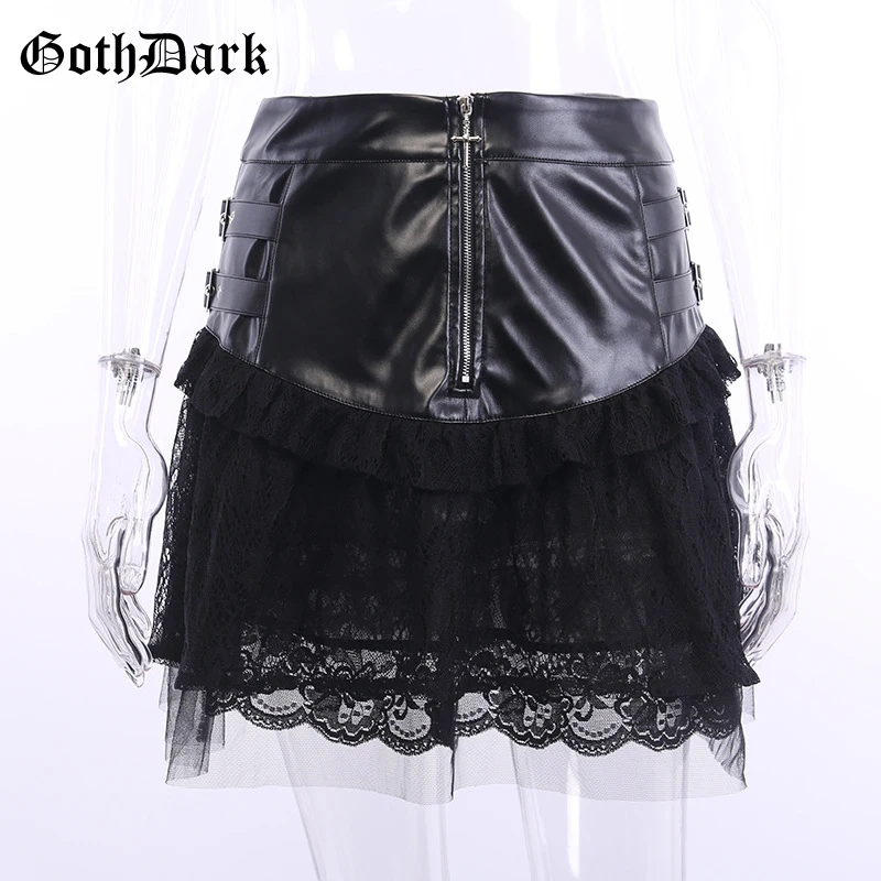 Женская кожаная юбка с сеткой Goth Dark, юбка в готическом стиле с вырезами и рюшами, на молнии, элегантная прозрачная юбка