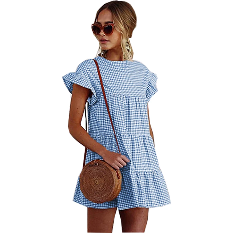

New dress Foreign trade 2019 summer plaid casual round neck short sleeve female off shoulder womens dresses vestidos OYM0684