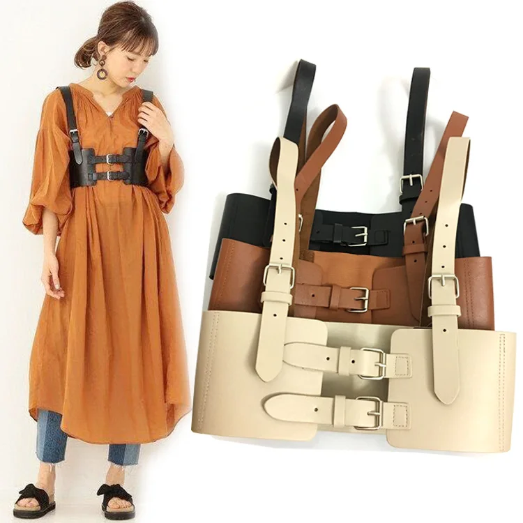 

GETSRING Women Cummerbunds PU Belt Corsets Vest Adjustable Vintage Waist Belt Corset All Match Dress Decoration Black Wide Belts