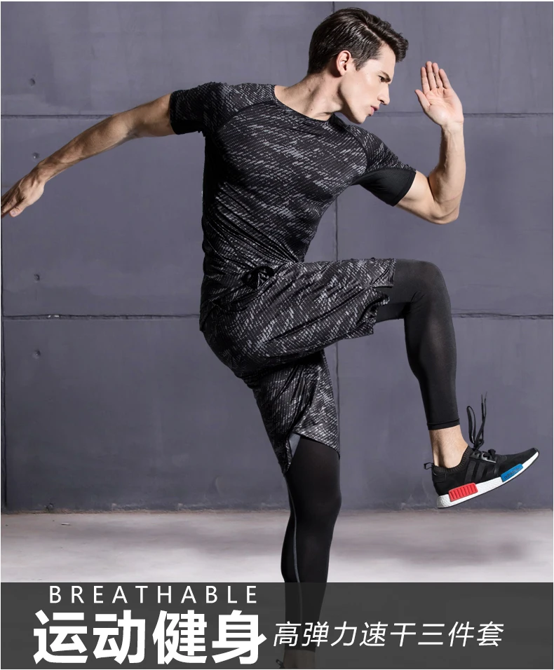 S-4XL Mens Compression Set Running Tights Workout Fitness Training Tracksuit Shirts SportSuit Rashgard Kit MMA Running Gym Shirt (1)