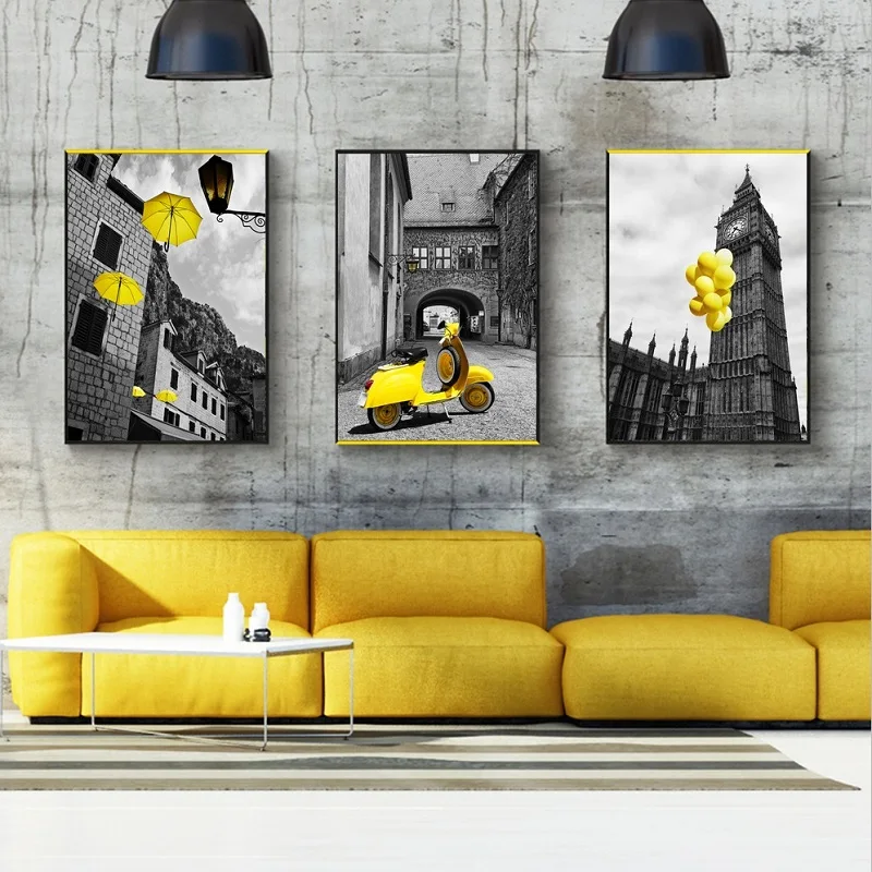 Vintage City Landscape Black And Yellow Balloon Canvas Paintings