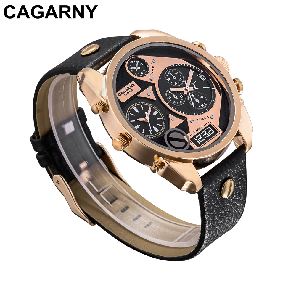 mens military watches army rose gold case black leather strap sports watches dual time zones large dial male clock for brave men free shipping (18)