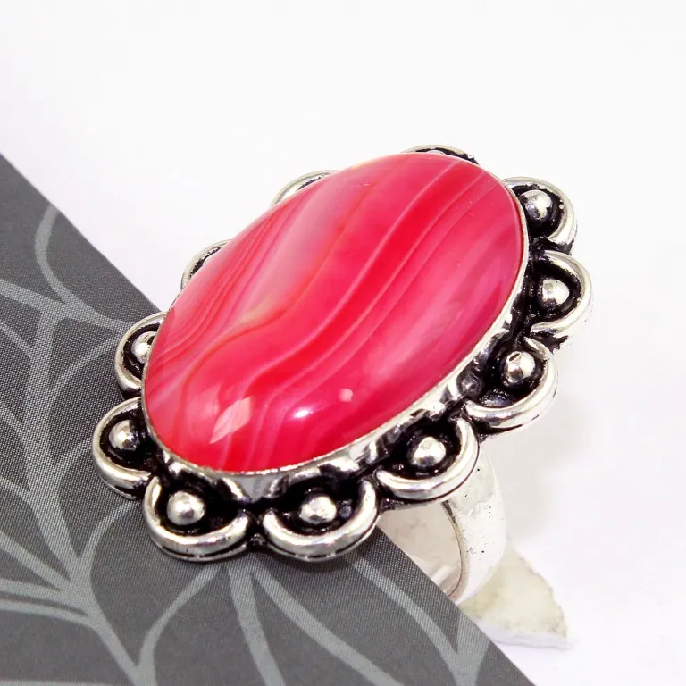 

Pink Botswana Agatte Ring Silver Overlay over Copper , Size: 9, R0353