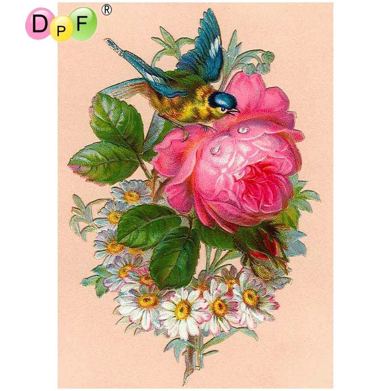

DPF DIY 5D Full Round Diamond Painting Magic Cube Cross Stitch Crafts red flower bird Diamond Embroidery Mosaic Home Decor Gift