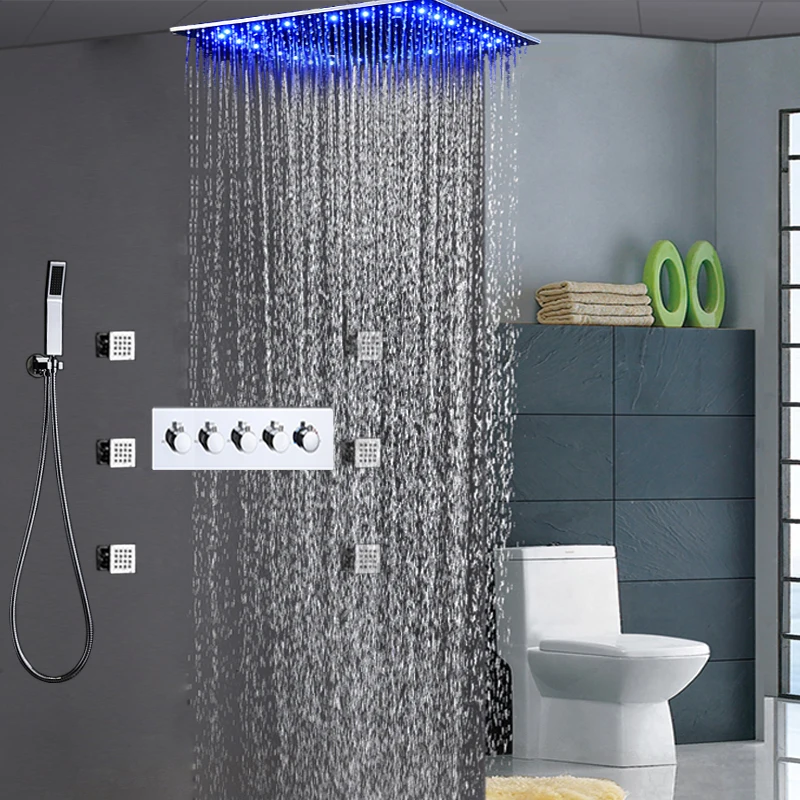 Us 891 48 49 Off Rainfall Shower Jets System Luxury Ceiling Mounted 2 Functions Mixing Shower Faucets Set Massage Spray Led Shower Bath In Shower