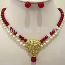 Натуральный камень высокого качества ювелирные изделия слово Fine 2 ряда красный драгоценный камень белый жемчуг Свадебная Подвеска для ожерелья и сережек набор серебряные ювелирные изделия