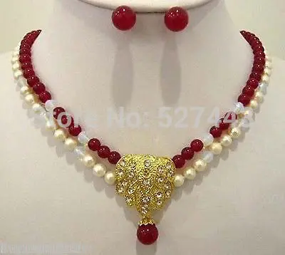 

Natural gem High-quality Jewelry word Fine 2 row red gem white pearl wedding necklace pendant earring set silver-jewelry