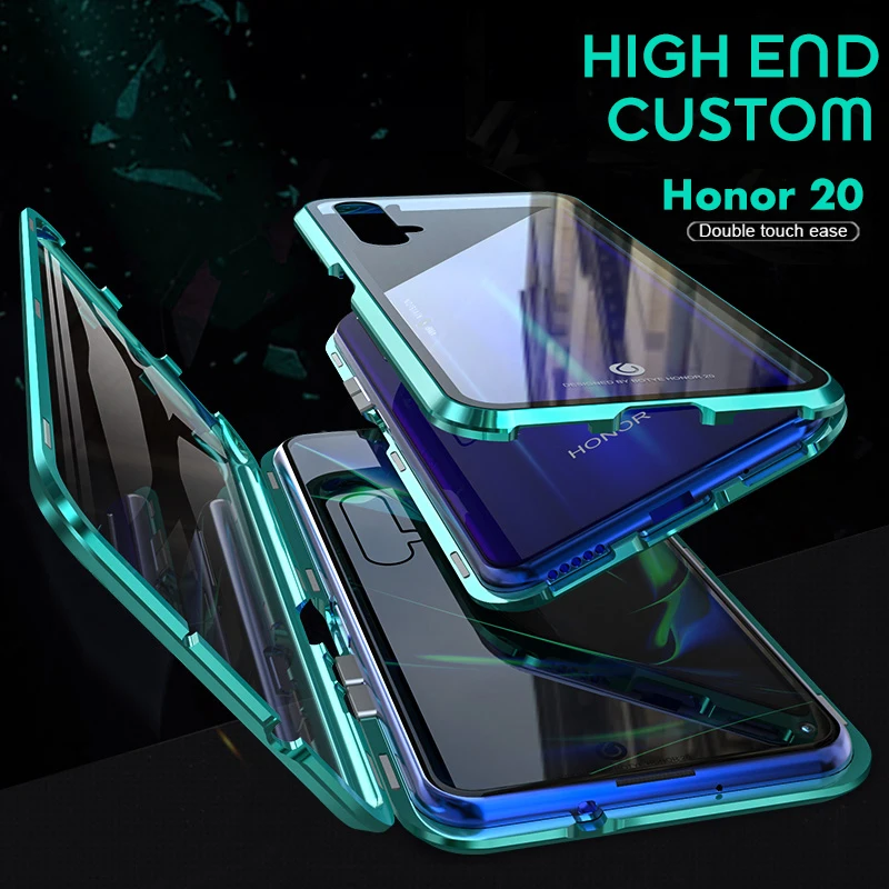 Full Protect Luxury Aluminum Metal Magnetic Adsorption Cases for Honor 20 Clear Tempered Glass Cover Huawei Pro |