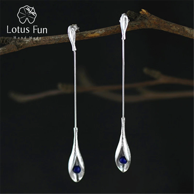 

Lotus Fun Real 925 Sterling Silver Natural Lapis Handmade Fine Jewelry Vintage Elegant Long Dangle Earrings for Women Brincos