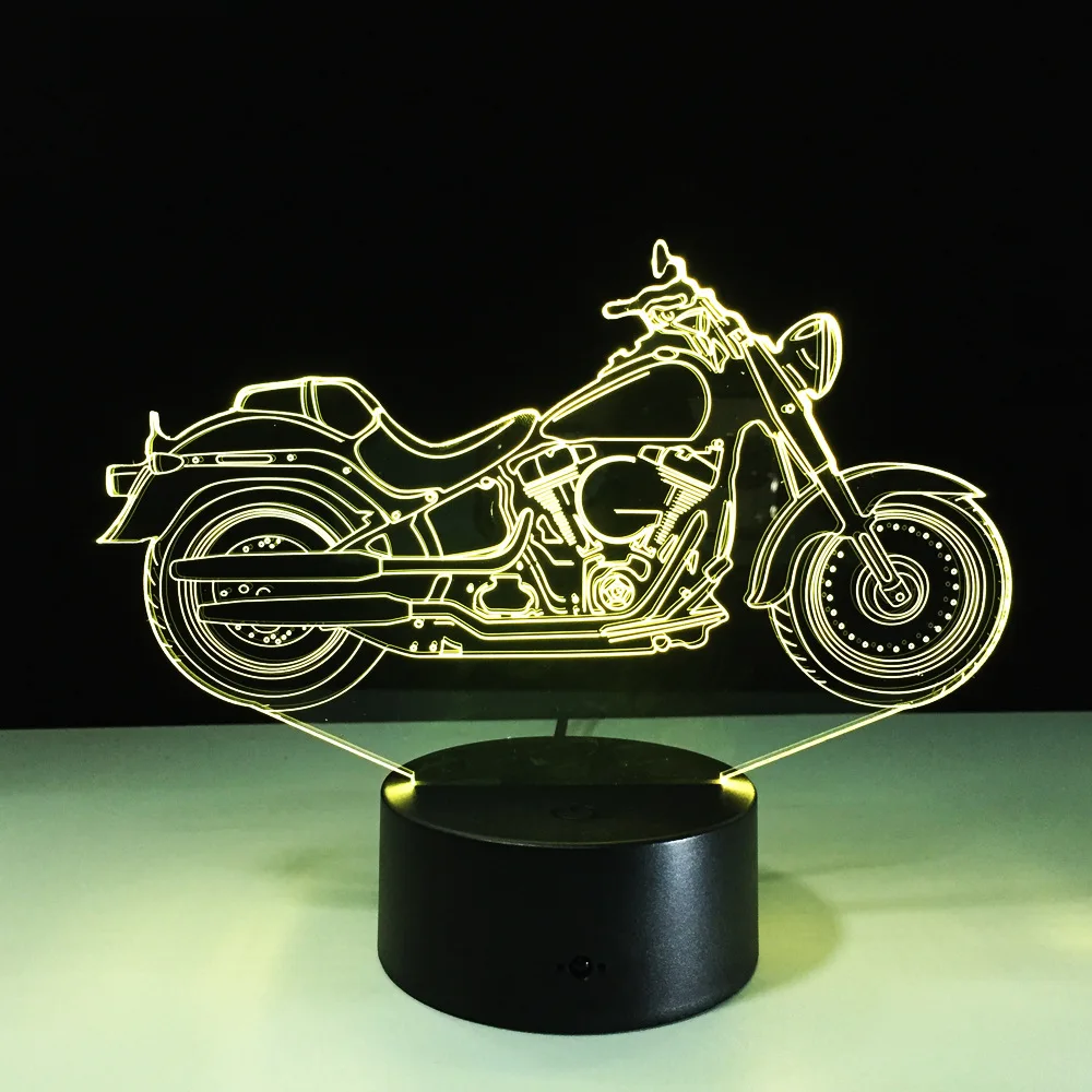 Tanie Darmowa wysyłka 1 sztuka 3D projekt motocykl kształt noc kolor światła dekoracji wnętrz zmieniające się atmosfera lampa stołowa z USB ładowarka