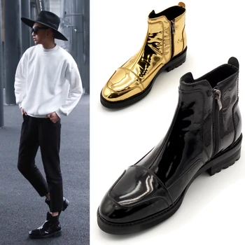 

New style gold/black pointed toe ankle booties real patent leather size zipper short boots outdoor shoes men