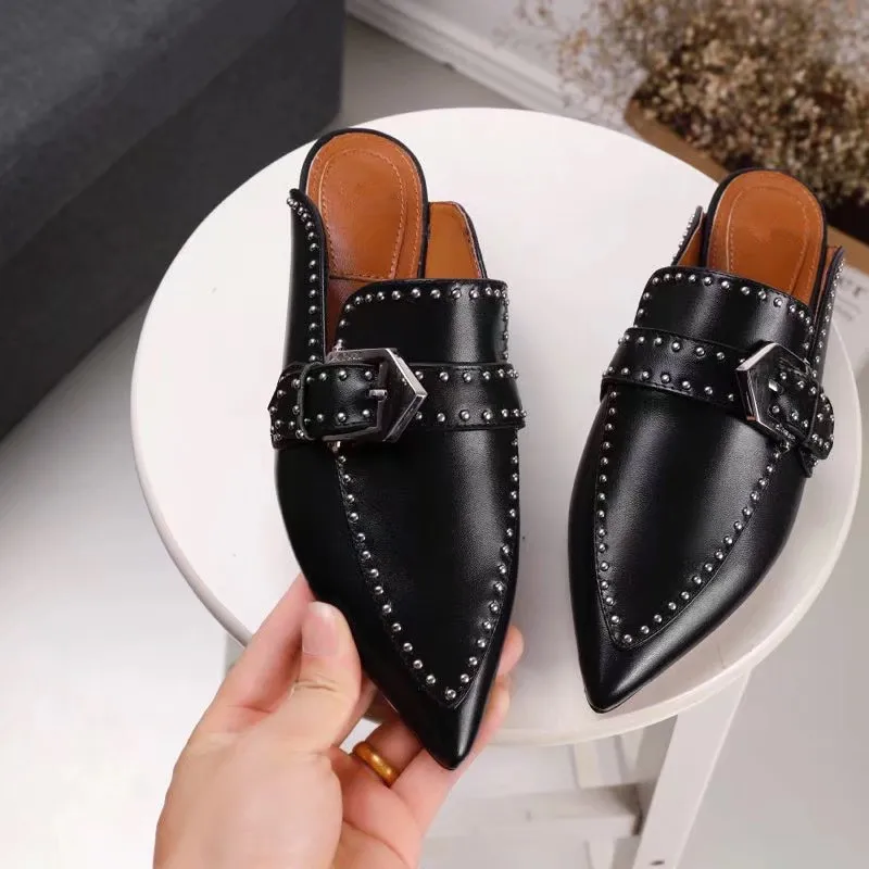 Con Pantofole dark Tacco Nero Cintura Punta Basso Donne 2018 Baotou Il Fibbia Pelle Le Delle brown Nuovo Rivetto Della Sandali Retrò Autunno A In Scarpe Piatto Singolo Blue Di ROp4vOq