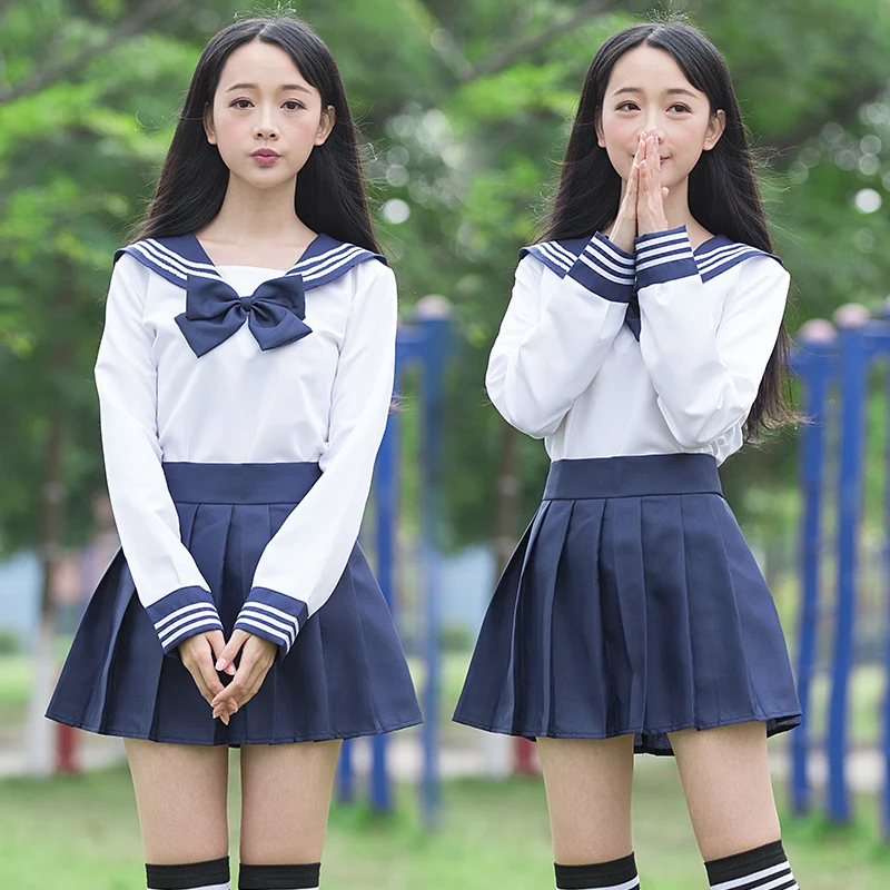 Sailor suit school uniform sets JK school uniforms for girls white shirt and dark blue skirt suits student Cosplay japanese school uniform