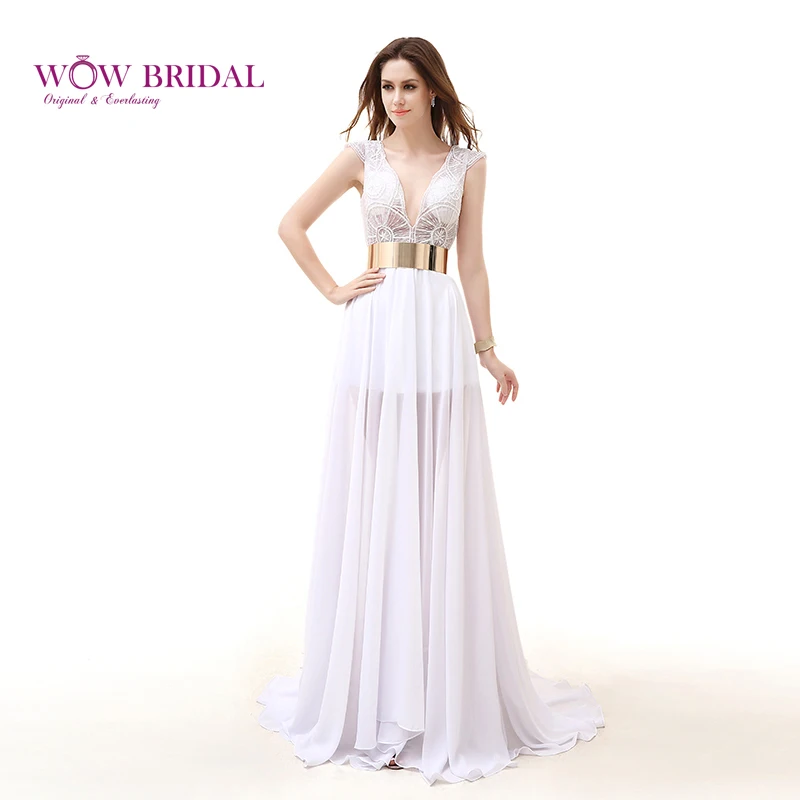 Wowbridal Graceful White Prom Dress Sexy Deep V Neck Sheer Pattern