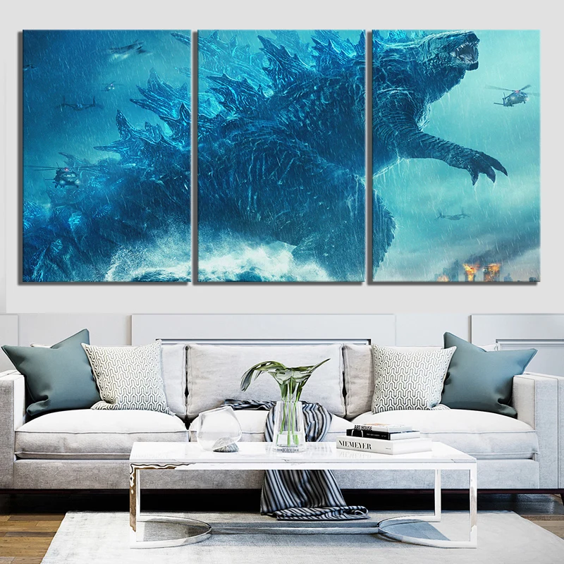 

Wall Art Pictures Canvas Posters Home Decoration 3 Panel Godzilla King Of The Monsters Abstract Painting HD Printed Photo Frame