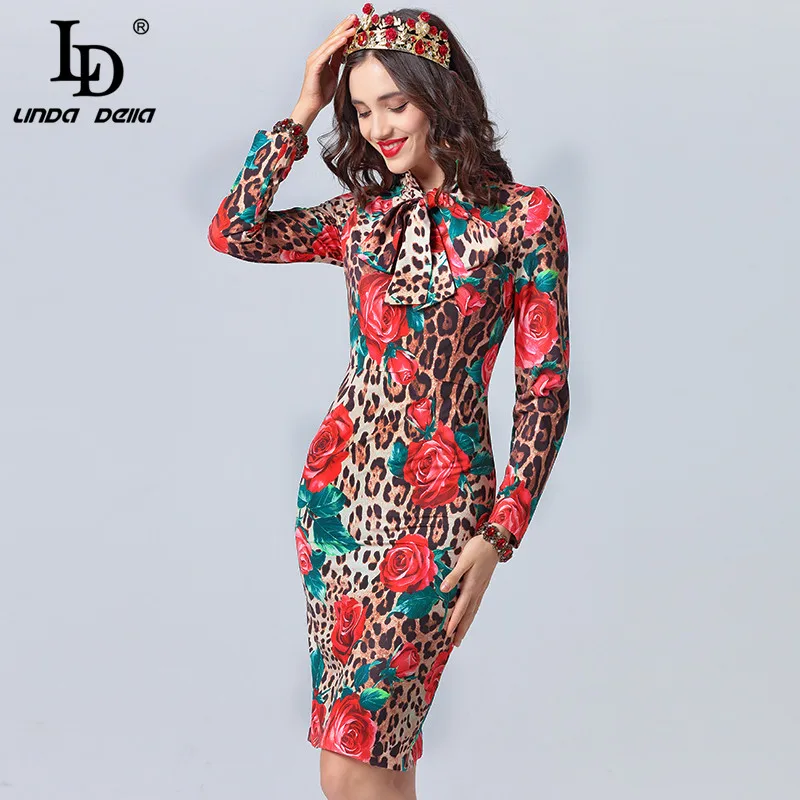 Tanie LD LINDA DELLA Fashion Designer jesienna sukienka damska z długim rękawem kokarda kołnierz seksowny nadruk wzór lamparta róża kwiatowy elegancka sukienka 2019