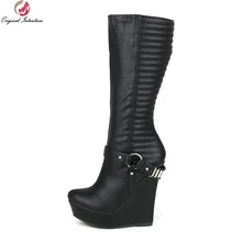 Оригинальное предназначение; женские сапоги до колена с круглым носком; ботинки на танкетке; Модная элегантная женская обувь; большие размеры США 4-15
