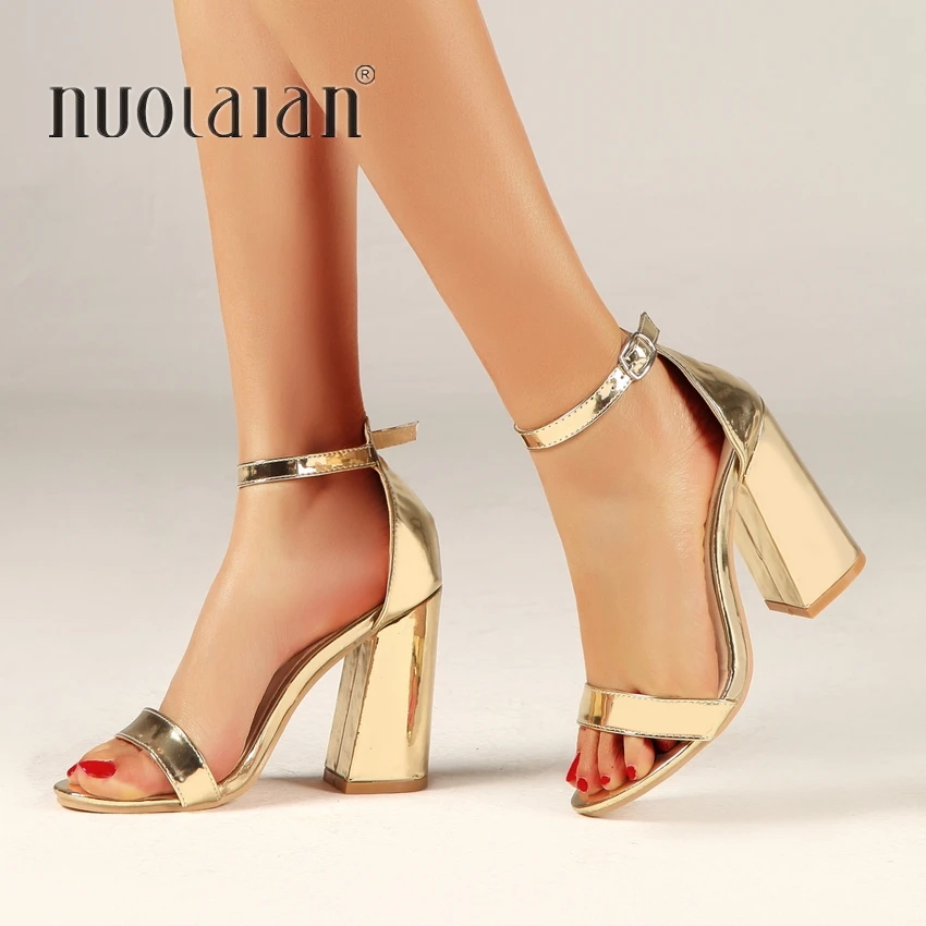 

Size35-42 2019 Fashion Shoes Women Heeled Sandals Gold Silver Ankle Strap Pumps Super High Heels 10 CM Square Heels Lady Shoes