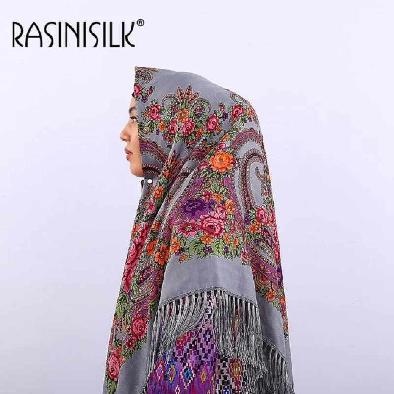 

Russian Fringed Big Square Scarf Shawl National Muslim Hijabs Headscarf Dual-use Autumn Winter Ladies Print Warm Headband Women