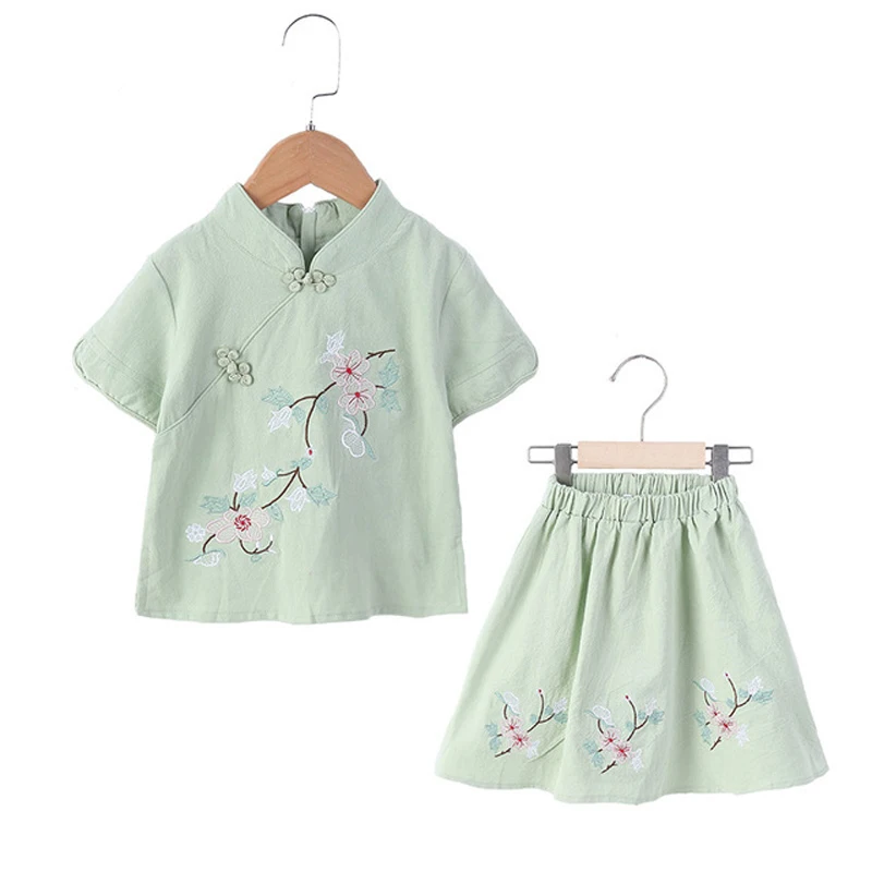 Lovely Girls Cheong-sam 2PC Chinese Traditional Style Han Fu Baby Retro Dress Children Summer Casual Cotton Linen Dresses