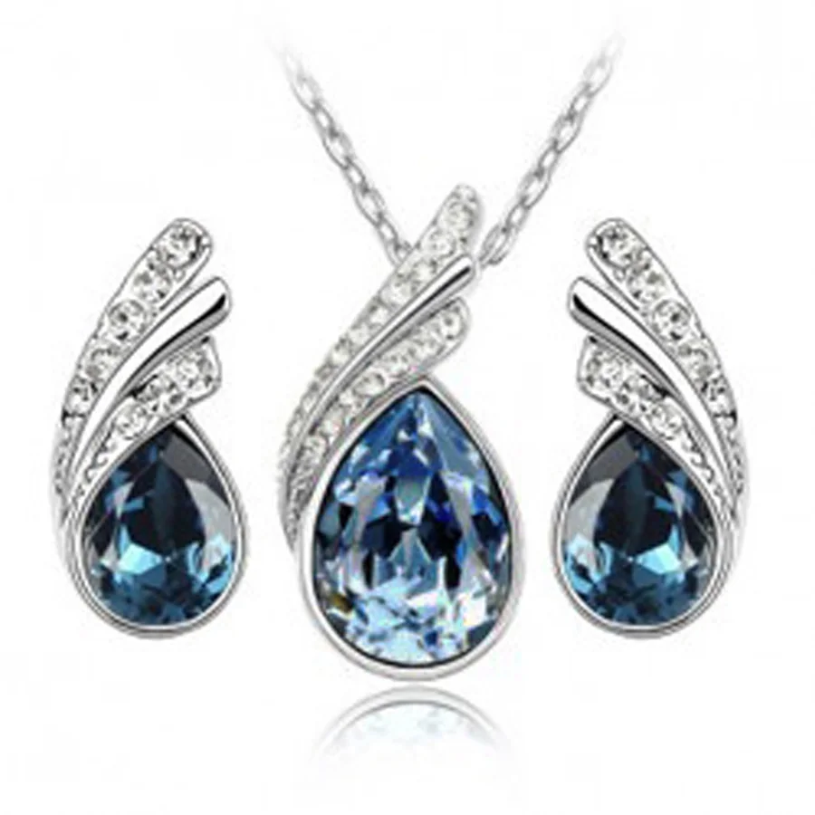 Роскошные Water Drop Rhinestone Ожерелья для мужчин Серьги Наборы для ухода за кожей Для женщин невесты для свадебной вечеринки Серебряные комплекты ювелирных изделий Рождество - Окраска металла: blue