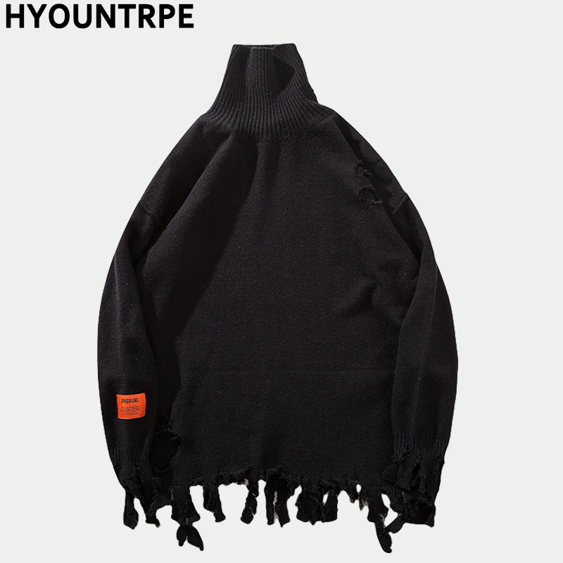 Destroyed Ripped Holes Knitted Sweater Mens Pullover Long Sleeve Turtleneck Oversize Winter Sweater New Streetwear Autumn Jumper