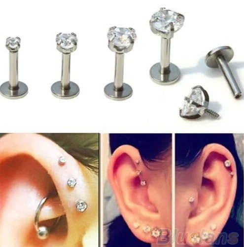 4 lot Round Gem Labret Monroe LIP EAR Stud Ring Tragus Helix Conch Chin Piercing 