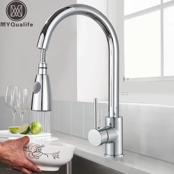 

Chrome Pull Out Kitchen Sink Faucet Deck Mounted Kitchen Vessel Sink Tap Stream Sprayer Spout Swive Neck Kitchen Hot Cold Taps