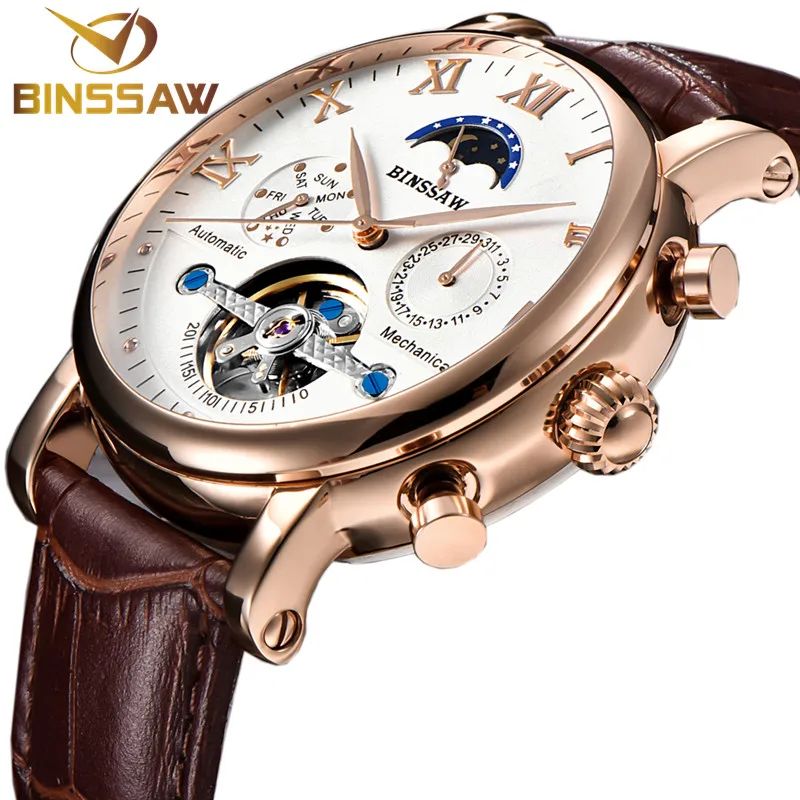 

BINSSAW Men Automatic Mechanical Tourbillon Watch Fashion luxury brand Leather calendar Steel Sports Watches Relogio Masculino