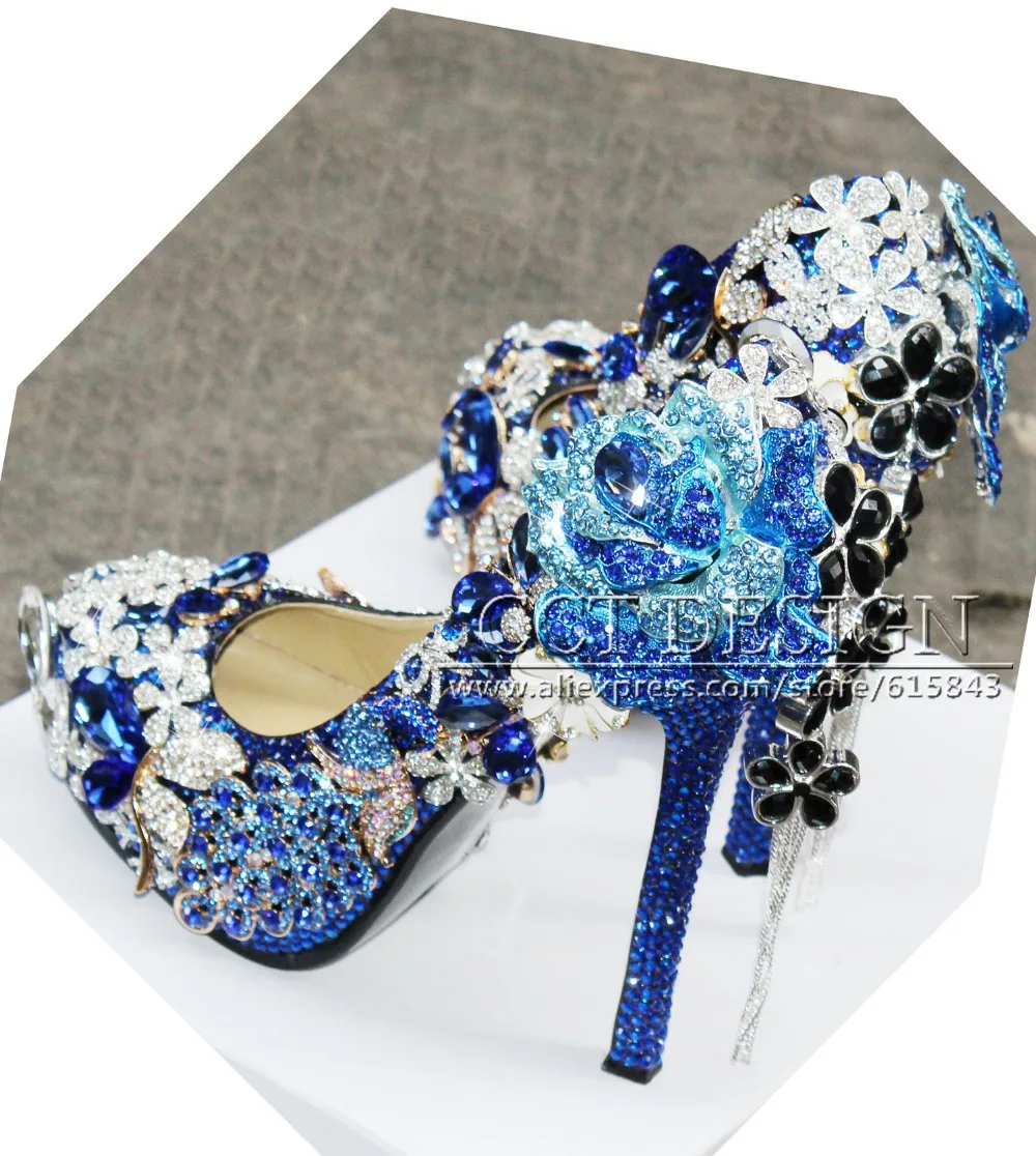Wedding Royal Blue Wedding Shoes aliexpress com buy luxury handmade customized royal blue rhinestone wedding shoes peacock and rose flower decorations high heels from