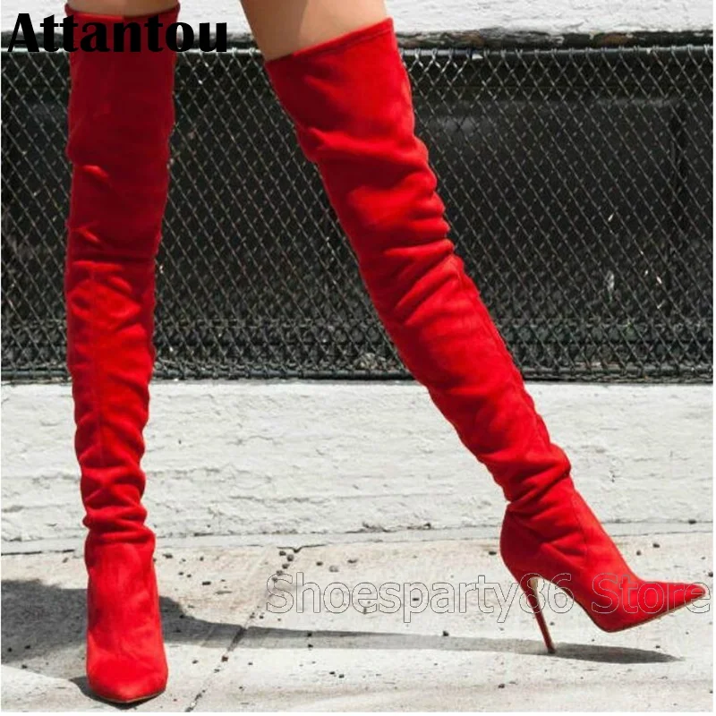 Модные дизайнерские яркие красные облегающие Зимние Сапоги выше колена на тонком высоком каблуке женские эластичные гладиаторские сапоги на шпильке