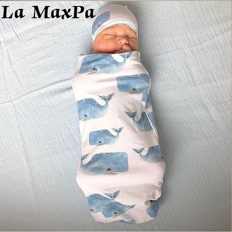 

2Pcs/Set Newborn Baby Swaddle Warp Blanket Cartoon Print Sleeping Bag Hat Set Baby Newborn Swaddle Muslin Wrap Photograph Props