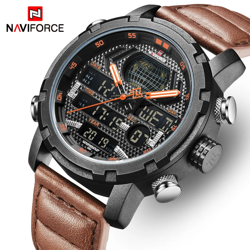 Billig Herren Uhren NAVIFORCE Luxus Marke Mode Sport Uhren Männer Quarz Digitale Uhr Mann Leder Armee Militärische Wasserdichte Uhr