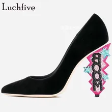 Модные черные туфли-лодочки; женская обувь; женские Вечерние туфли на необычном высоком каблуке с кристаллами; пикантные туфли с острым носком; Zapatos De Mujer