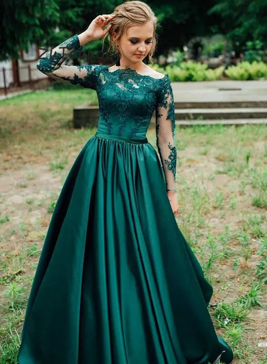

Elegant Green Junior Prom Dresses Muslim Long Sleeve Turkey Evening Gowns Scoop Neckline A Line Silk Satin Long Graduation Gown