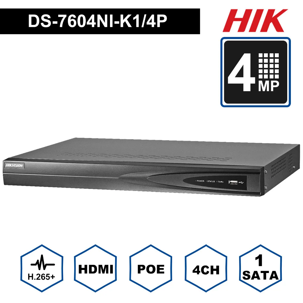 

Hik Original English 4CH PoE NVR DS-7604NI-K1/4P 4 Channel Embedded Plug Play 4K NVR with 4 PoE Ports for IP Camera CCTV System