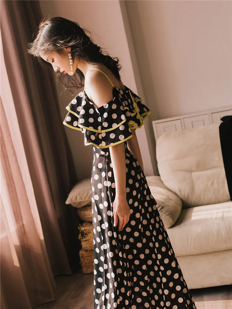 

2019 new fashion women's dresses Vintage french dress shoulder straps dot seaside holiday summer